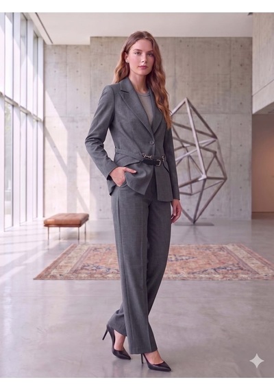 Prenses Blazer Ceket Geniş Paça Pantolon Takım Elbise Lacivert
