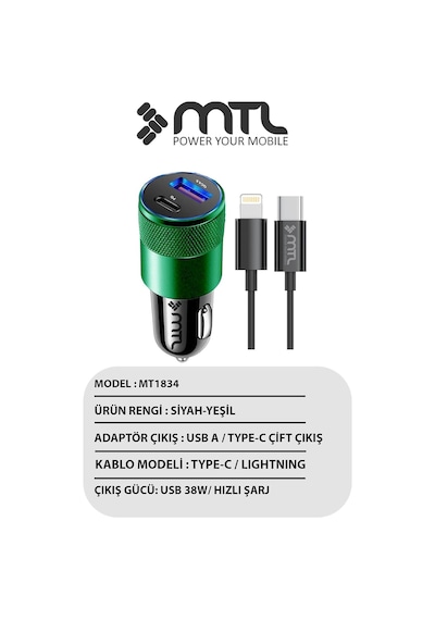 Araç Şarj Aleti Çakmaklık 38w Lightning Type-c + Usb Çift Portlu - Qualcomm Qc 4.0 Desteği Mt-a1834 Yeşil İle Uyumlu