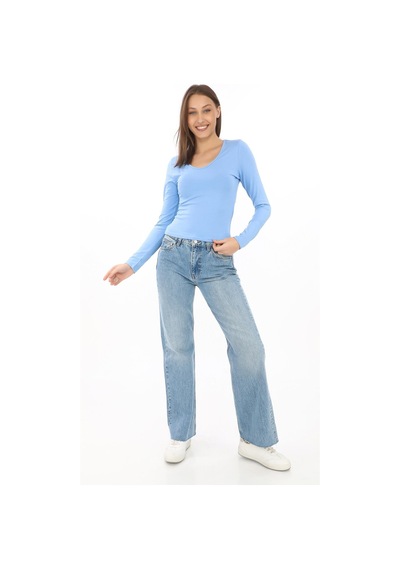 V Yaka Slim Fit Tişört-mavi Mavi