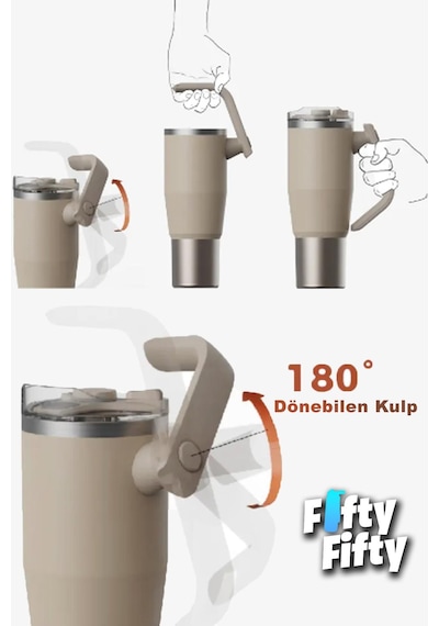 Vagonlife Rotate Tumbler Cup 0.94ml/34oz Pipetli/rahat İçim Vakumlu Paslanmaz Çelik Termos-ffvgn1007-950ml Gümüş