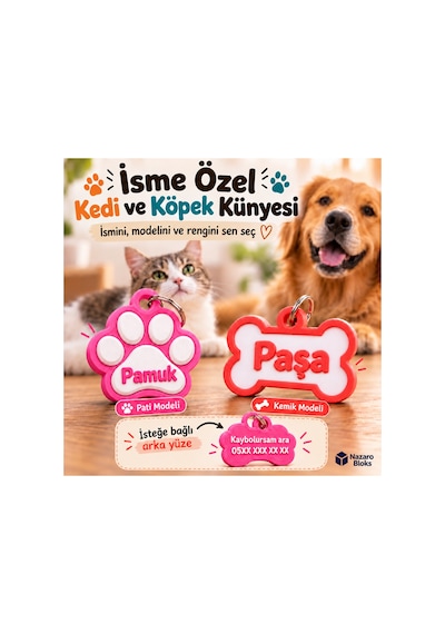 İsme Özel Kedi Köpek Künyesi İsim Ve Telefon Numaralı Tasma İsimliği, Pati Veya Kemik Model - 929132500