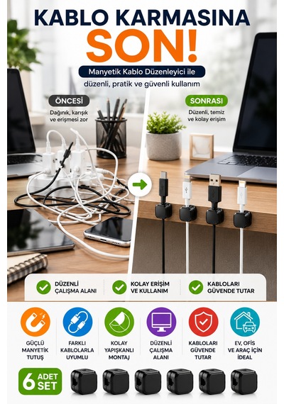 Manyetik Kablo Düzenleyici Kablo Tutucu 6'lı Set Yapışkanlı Kablo Sabitleyici Masa Kablo Düzeni