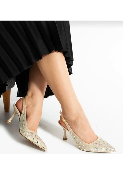 V.s.h Velvet Kadın Bej Taş Detaylı Kumaş Sivri Burun Stiletto Abiye Arkası Açık Topuklu Ayakkabı 1352-2241