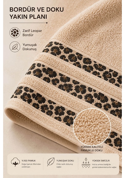 4'lü El Yüz Havlusu Seti %100 Pamuk 50x90 Cm Leopar Elegance Bej