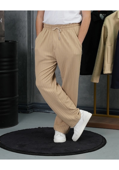 Modefendi Örgülü Model Baggy Kesim Jogger İpli Pantolon Bej