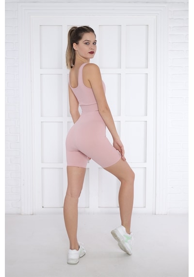 Escetic Kadın Spor Pembe Toparlayıcı, Yüksek Bel Fitnes Bra Şort-tayt Takım-4312 - Xs