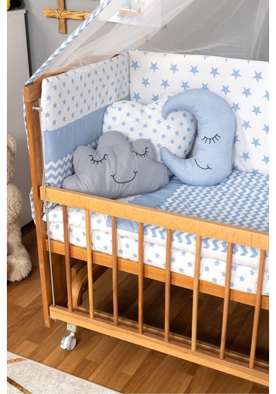 Ahşap Beşik Anne Yanı Beşik Vernikli 60x120 - Mavi Yıldız 3 Yastık Uyku Seti + Yatak + Tekerlekli Ahşap Ahşap Beşik Anne Yanı Beşik Vernikli 60x120 - Mavi Yıldız 3 Yastık Uyku Seti + Yatak + Tekerlekli Ahşap