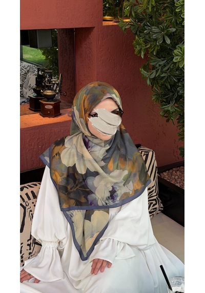 Qalortex Scarf Pamuklu Soft Meva Desen Eşarp-lacivert