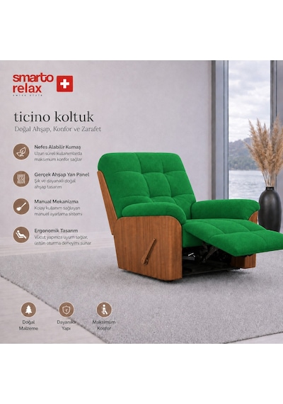 Smarto Relax Ticino Manuel Mekanizmalı Ayak Uzatmalı Ahşap Yan Panelli Polyester Tv Koltuğu Baba Koltuğu Yeşil