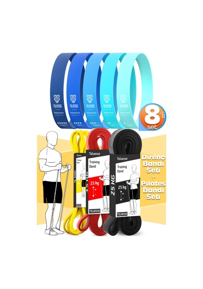8li Giga Set 5+15+25 Kg + 5li Pilates Direnç Bandı Barfiks Lastiği Loop Band Mavi Ton Çok Renkli
