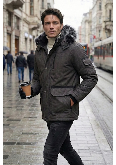 Buratti Peluş Astarlı Suya Ve Rüzgara Dayanıklı Soğuk Geçirmez Slim Fit Erkek Mont 5711051 Füme