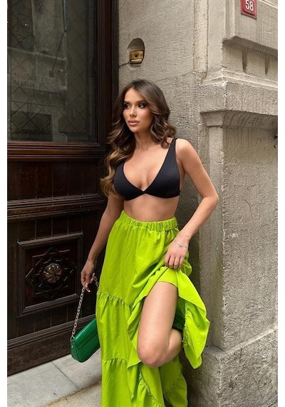 Etiler Collection Audrey Fıfrlı Yırtmaç Detay Etek 4037 Fistik Yeşi Li