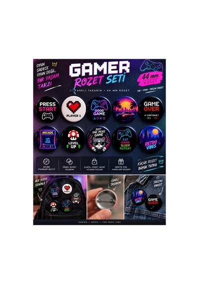 44 Mm Gamer Rozet Seti 10'lu Gaming & Retro İğneli Rozet Çanta Ve Ceket Aksesuarı Diğer