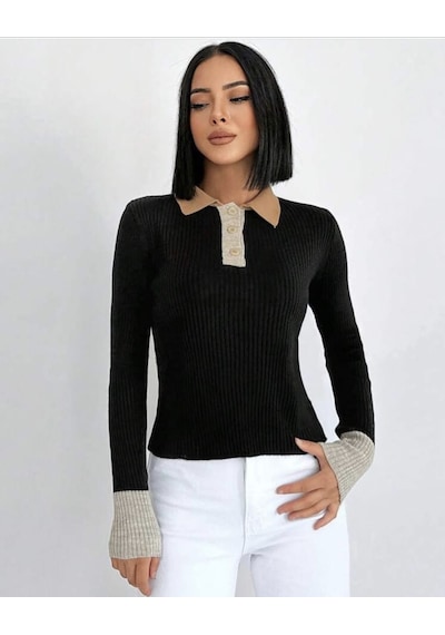 Polo Yaka Slim Fit Triko Bluz Kemer Seviye Kazak Siyah