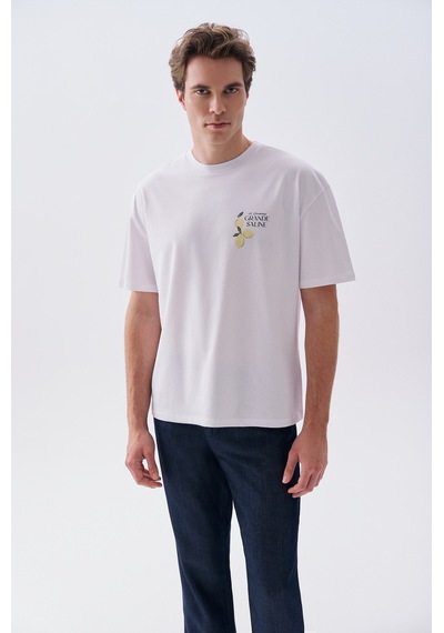 Mudo Erkek Erkek Beyaz Baskılı Oversize Bisiklet Yaka T-shirt 1267930