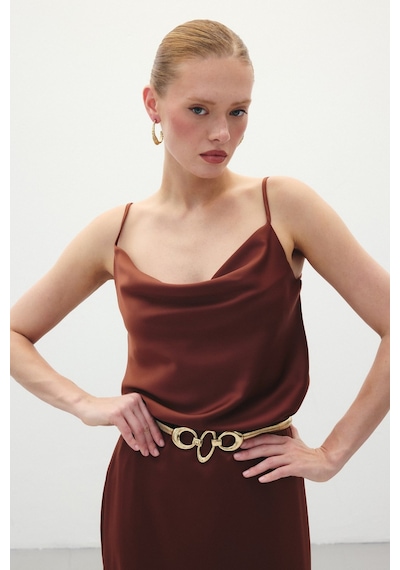 Sateen Degaje Yaka Saten Bluz - Kahve