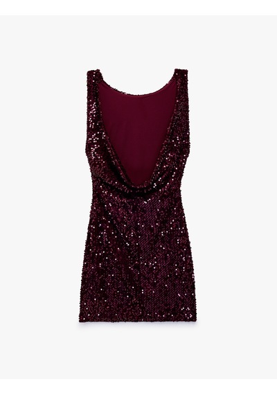 Koton Payetli Slim Fit Bisiklet Yaka Kolsuz Sırt Detaylı Mini Abiye Elbise Bordo 7wak80096fk