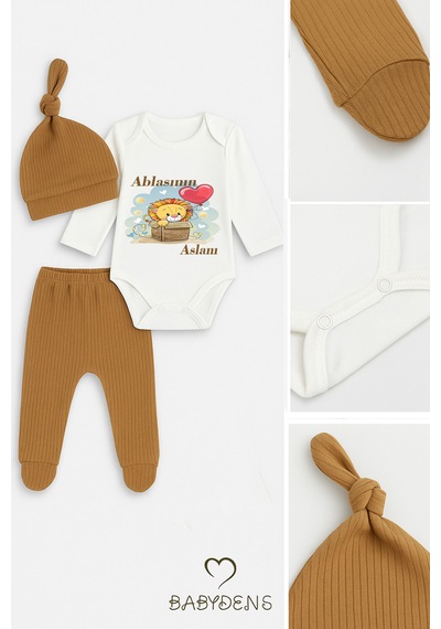 Babyden's Ablasının Aslanı Yazılı 3 Lü Bebek Takımı Uzun Kollu Çıtçıtlı Body,patikli Pantolon Şapka Set Açık Kahverengi