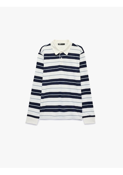Koton Polo Yaka Düğmeli Uzun Kollu Çizgili Sweatshirt Lacivert Çizgili 6sam70073mk