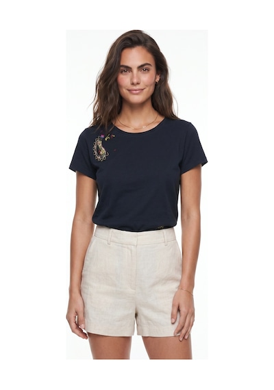 Onloox Kadın Siyah Siyah Pamuklu Bisiklet Yaka Kısa Kollu Sanatsal El İşi Nakış Detaylı Premium Tasarım T-shirt