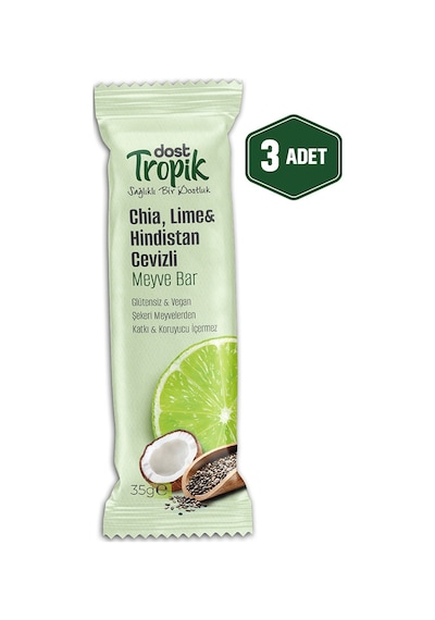 Chia, Lime Ve Hindistan Cevizli Aromalı Meyve Bar 35 G Meyve İçeren Pratik Atıştırmalık 3 Adet