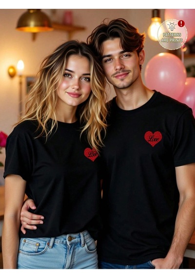 Flood Of Style Sevgili Çift Kombin Siyah Love Kalp Baskılı Oversize