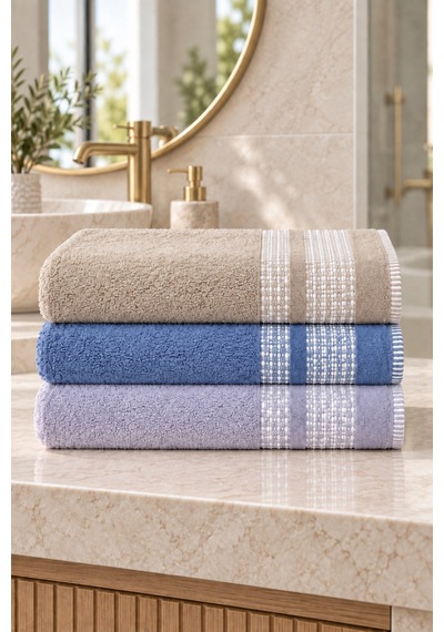 Çift Şerit Desenli Havlu 50x90 Cm 3 Lü Set - Blue Pearl Çok Renkli