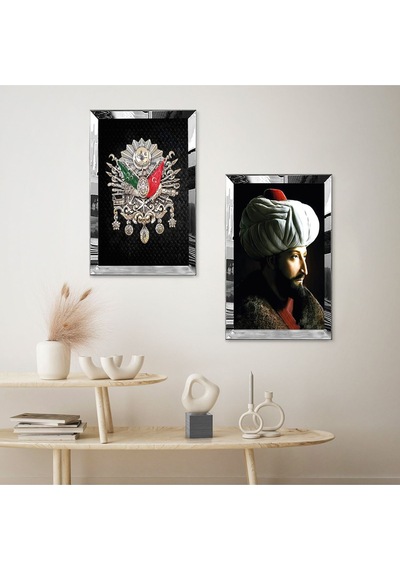 Gümüş Aynalı Pleksi Çerçeveli Fatih Sultan Mehmet Ve Osmanlı Tuğrası İkili Mdf Tablo Seti