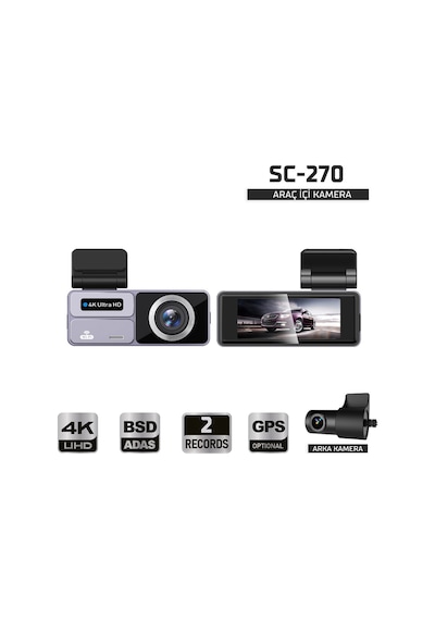 Kayıt Cihazı 4k 3.2'' Dokunmatik Ekran 2 Kameralı Araç İçi Kamera Sc-270
