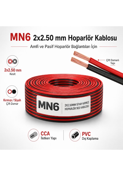 Mn6 Mn250hkf 2x2.50 Mm Hoparlör Kablosu 20 Metre Siyah Kırmızı Kordon Amfi Ve Ses Sistemi Kablosu 20 M
