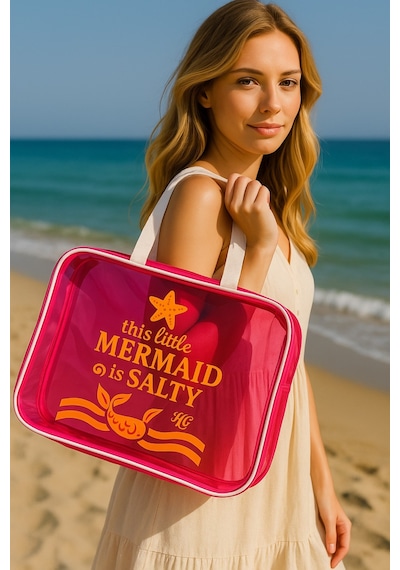 Hig Home Pembe Büyük Boy Şeffaf Plaj Çantası Mermaid Baskılı, Su Geçirmez, Tatil Çantası Beyaz