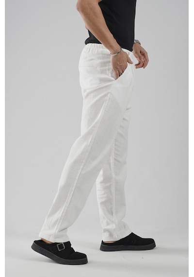 Baggy Fit Kalıp Pamuklu Keten Pantolon Beyaz