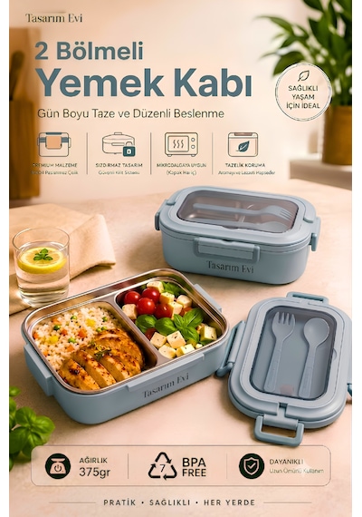 2 Bölmeli Paslanmaz Çelik Yemek Kabı Sızdırmaz Kapaklı, Taşınabilir Beslenme Kabı Açık Mavi