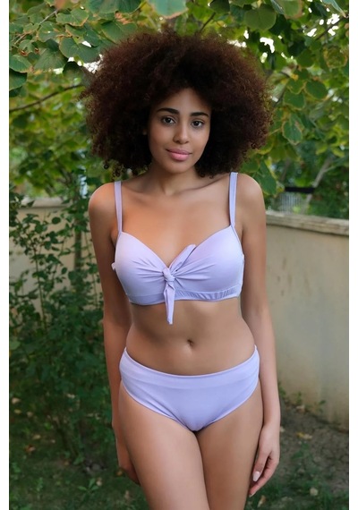 Kadın İçi Boş Fiyonklu Kaplı Lila Alt Üst Bikini Takım