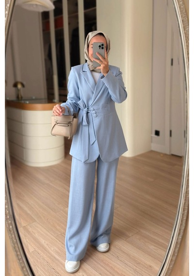 Ka Hijab Bel Detaylı Vatkalı Ceketli Takım - Mavi