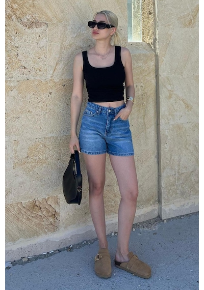 Madmext Mavi Yüksek Bel Cepli Jean Şort Mg2091-mavi Mavi