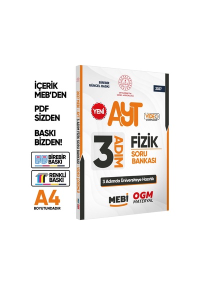 2027 Ayt Mebi-ogm 3 Adım Fizik Soru Bankası Renkli A4 Boyut Video Çözümlü Baskı Ücreti
