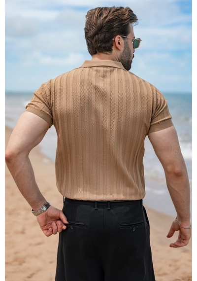 Madmext Camel Yarım Fermuarlı Polo Yaka Erkek Triko Tişört E7458