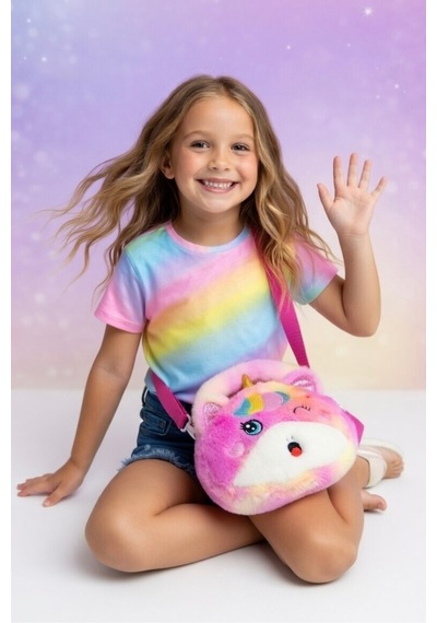 Mollycrush Kız Çocuk Renkli Peluş Çanta Unicorn Tasarımlı Ayarlanabilir Askılı Omuz Ve El Çantası Pembe