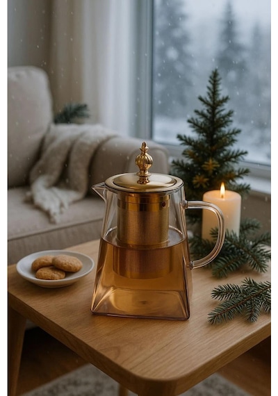 Borosilikat Cam Amber Demlik 750ml Süzgeçli Bitki Demliği Şeffaf