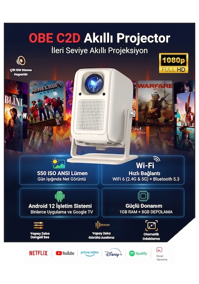 OBE C2D 500 ANSI Lümen 4K Destekli Netflix Sertifikalı 180 Derece Dönebilen Otomatik Odaklı Akıllı Projeksiyon Cihazı