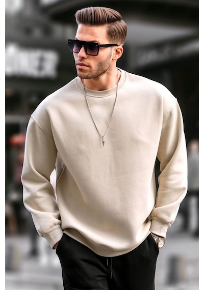Madmext Bej Bisiklet Yaka Oversize Şardonlu Basic Erkek Sweatshirt 6048-bej Bej