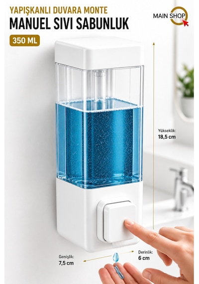 Mainshop 1 Adet Yapışkanlı Duvara Monte Banyo Ve Mutfak Manuel Sıvı Sabunluk 350 Ml Doldurulabilir M-53 Beyaz