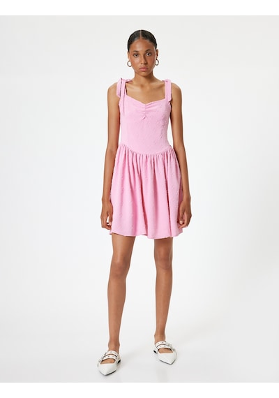 Koton Mini Elbise Askılı Poplin Gipeli V Yaka Slim Fit Pembe 4sal80020ıw Gül