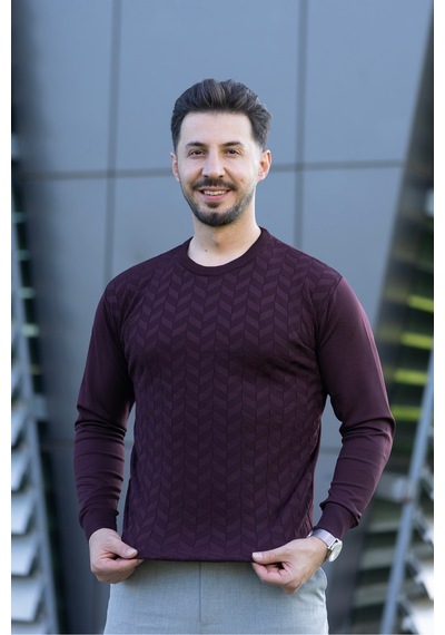 Hk Premium Triko Kazak Likralı Zikzak Desenli Bisiklet Yaka Bordo