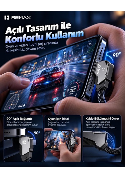 Remax Cb53-cc Enjoy Serisi 240w Pd Type-c To Type-c Telefon Standlı Hızlı Şarj Ve Data Kablosu 1.2 Metre Siyah