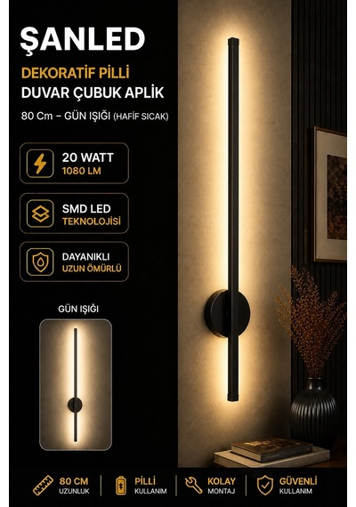 Dekoratif 20w İç Mekan Siyah Kasa Gün Işığı 80 Cm Duvar Aplik Pilli 1 Adet Siyah - Gün Işığı