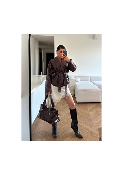 Meecy Kadın Zr Model Şal Yaka Bağlamalı Deri Ceket Bordo Bordo