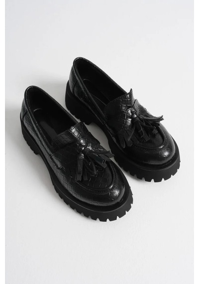 Trendella Kadın Günlük Siyah Kroko Baskılı Loafer Ayakkabı Tr10ms03g