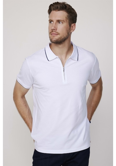 Tudors Erkek Polo Yaka Slim Fit Pamuk Fermuarlı Pike Beyaz Tişört-27688-Beyaz